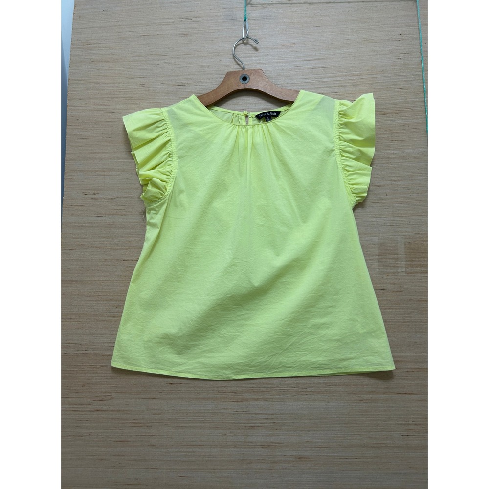 Strut & Bolt Neon Yellow Ruffle Cap Sleeve Blouse Top Large Keyhole Back Poplin